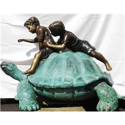 Two Kids Riding Turtle Bronze Statue