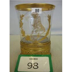 Unusual 18th century armorial glass with gilded base, oak leaf decoration and gilded portrait, po...