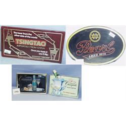 1 TSINGTAIO BEER SIGN OF PLASTIC WITH SCRATCHES AND CHIPPED EDGE. H8.5", L16". WT. .75LB. 2 IROQU...