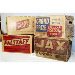 4 OLD BEER BOXES-SCHLITZ 10"X 16 X 10", JAX 10"X16"X12", GRAND PRIZE 10"X17"X12", FALSTAFF 10"X 1...