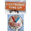 Image 1 : 1 ELECTRONIC TUNE UP METAL SIGN H12", L32" GOOD COND. WEIGHT 3LBS. 1 VALVOLINE OIL SIGN DOUBLE SI...