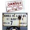 Image 1 : 1 GULF REFINING CO. PORCELAIN ON METAL SIGN-DANGER HIGH PRESSURE OIL LINE. H8", L15". OLD WITH SC...