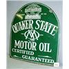 Image 1 : 1 QUAKER STATE OIL SIGN WITH SOME RUST AT BASE AND HANGER SIGN HOLDER. H29",L26.5". WEIGHT 12LBS....
