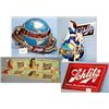 Image 1 : 1 SCHLITZ BEER SIGN IN PLASTIC PAINT WORN. H14", L17". WEIGHT .5LB. 4 SCHLITZ PAPER SIGNS CPYWRT...