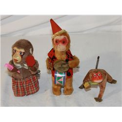 3 Wind-up Tin and Fur Monkeys