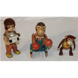 3 Tin Wind-up Monkey Toys