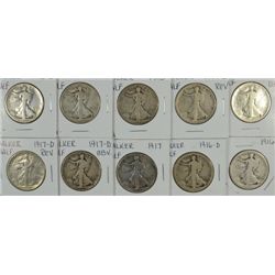10 WALKING LIBERTY HALF DOLLARS (16,16-D,17,17-D OBV, 17-D REV,17-S OBV, 17-S