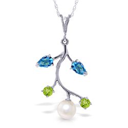 14k Solid Gold Blue Topaz, Peridot & Pearl Necklace