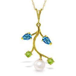 14k Solid Gold Blue Topaz, Peridot & Pearl Necklace