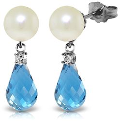 14k WG 4.50ct Blue Topaz, Diamond & Pearl Earrings