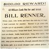 Image 2 : VINTAGE $100 REWARD WANTED POSTER FOR BILL RENNER - MURDER