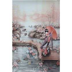 Woman in garden by pond Asian art