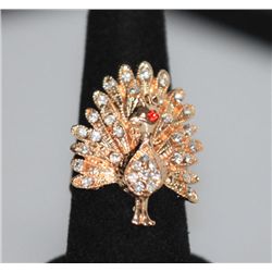 FASHION JEWELRY CZ AND RED CZ PEACOCK SHAPED BRASS RING