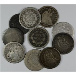 10 SEATED DIMES (38,39-O,41,41-O,42,43,45,53,53-O,54) AG-FINE