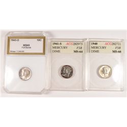 1940 ACG MS66, 1941-S ACG MS64 & 1943-D PCI MS65 FB MERCURY DIMES