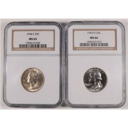 1954-S NGC MS65 & 1955-D NGC MS66 WASHINGTON QUARTERS