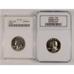 1959 ANACS PF 64 & 1960 NGC PF 66 CAMEO WASHINGTON QUARTERS