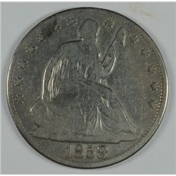 1858-O SEATED HALF DOLLAR VG+