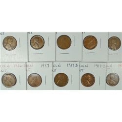 10 LINCOLN CENTS (13-S,14,14-S,15-D,15-S,16-S,17,17-D,17-S,18-D) VG-AU