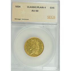 1834 CLASSIC/PLAIN 4 $5 GOLD SEGS AU 50