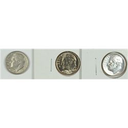 3 ROOSEVELT DIMES (1957 PROOF, 1988 DDO, 96-W)