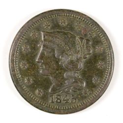 1845 LARGE CENT, AU-50 NICE
