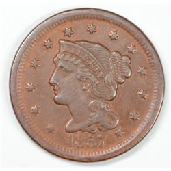 1857 LARGE CENT ( N-1 ) LARGE DATE, AU-50