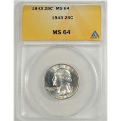 1943 WASHINGTON QUARTER ANACS MS64