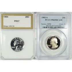 1964 PCI PR 67 & 1982-S PCGS PR 69 DCAM WASHINGTON QUARTERS