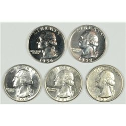 5 WASHINGTON QUARTERS (32,43,51-D,56,58) AU, UNC, PF)