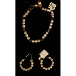 Gold and Pearl Bracelet and Earrings,