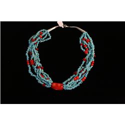 6 Strand Turquoise and Ox Blood Coral Necklace,
