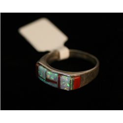 Sterling, Opal and Red Coral Ring