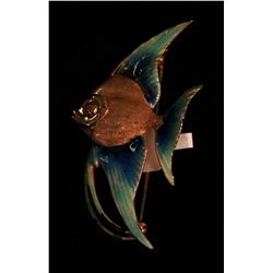 14k Yellow Gold Blue and Green Tropical Fish Pin,