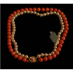 Pink Coral and Cultured Pearl Necklace,