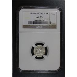 1855  Liberty Seated Dime   Arrows NGC Graded AU-55