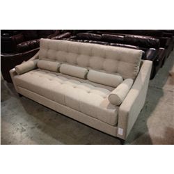 BEIGE FABRIC THREE SEAT SOFA WITH CUSIONS