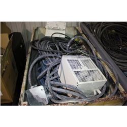 WOOD BIN OF ELECTRICAL CORDS, HOSES & ELECTRIC HEATERS