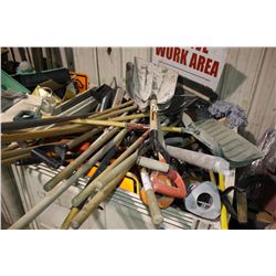 BIN OF ASSORTED SHOVELS, BROOMS ETC *BIN NO GO*