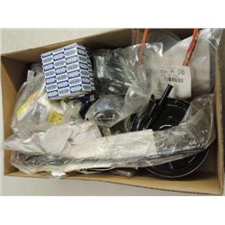 BOX LOT NEW REPAIR PARTS: CABLES, SPARK PLUG ENDS,