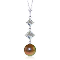 14K White Gold 2.0ct Dark Pearl & Aquamarine Necklace
