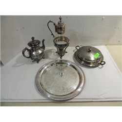 LOT 4 SILVER PLATED SERVING TRAY, COFFEE POT,