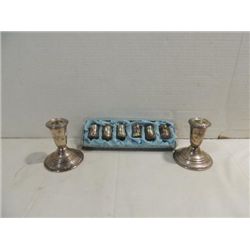 LOT 2 STERMING SILVER: PAIR OF CANDLE HOLDERS, SIX