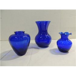 LOT 3 VINTAGE COBALT BLUE GLASS VASES