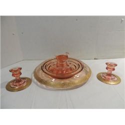 LOT 5 RARE VINTAGE PINK DEPRESSION & GOLD TRIM