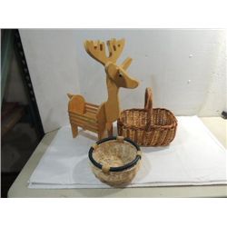 LOT 3 (2) REED WOVEN BASKETS & PIN WOOD REINDEER