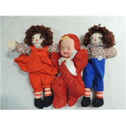 LOT 3 VINTAGE DOLLS: RAGGEDY ANNE & ANDY, BANTAM