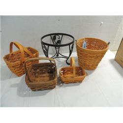 LOT 5 LONGABERGER WOOD WOVEN BASKETS & METAL STAND