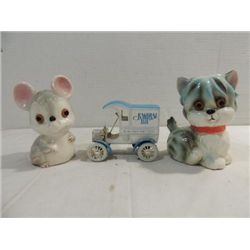 LOT 3 COIN BANKS: DIE CAST METAL TRUCK & 2 CERAMIC