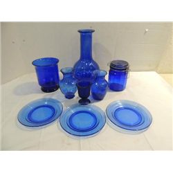 LOT 9 COBALT BLUE GLASS PLATES, VASES, CANNISTER